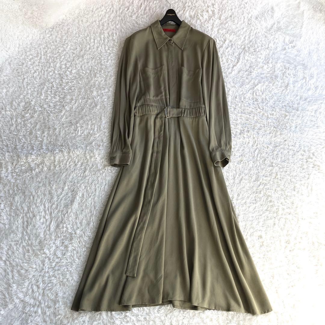 近年✨マックスアンドコー シャツワンピース ベルト マキシ フレア カーキ 42