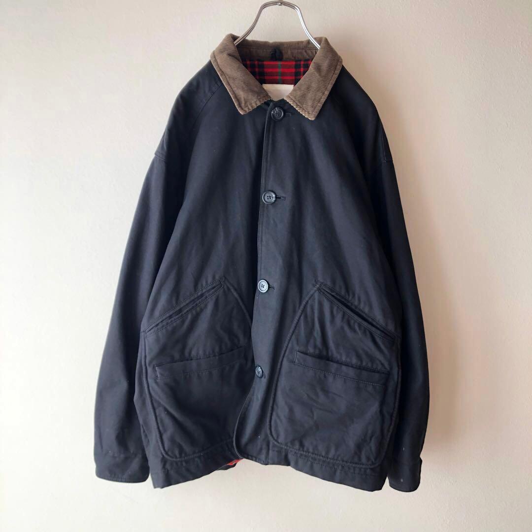 雰囲気抜群 コーデュロイ襟 ブラックカバーオール 裏地チェック 一点物 古着 黒