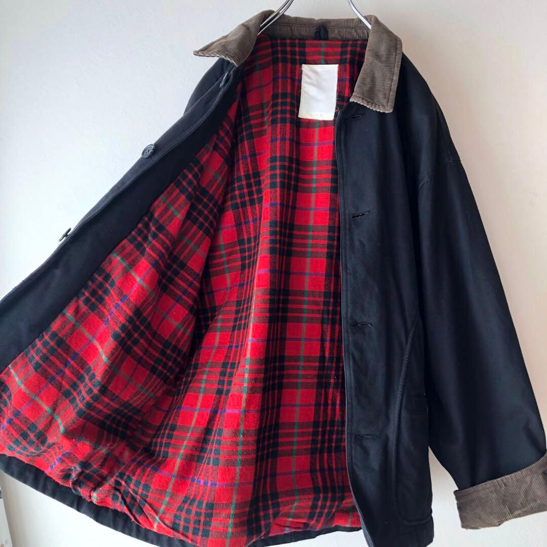 雰囲気抜群 コーデュロイ襟 ブラックカバーオール 裏地チェック 一点物 古着 黒