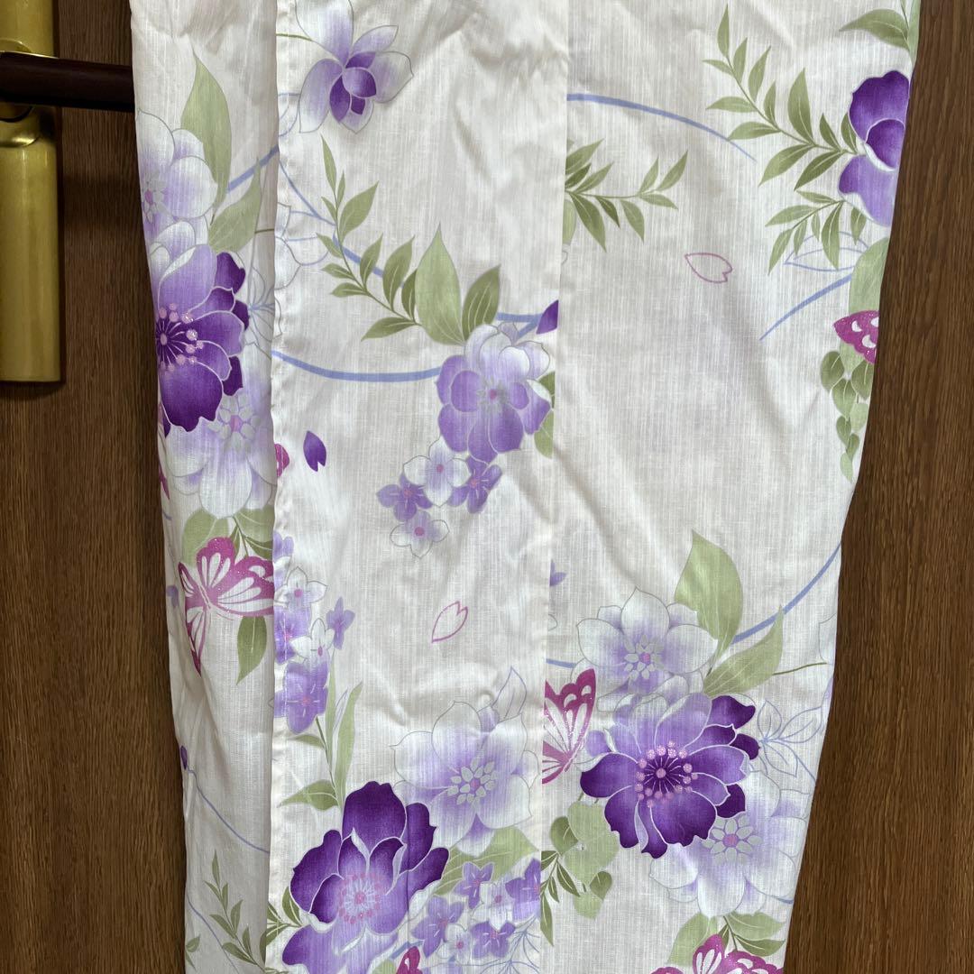 未使用　マルイ浴衣・帯.インナー3セット 肌映えの生成色に紫の蝶と花柄　Mサイズ