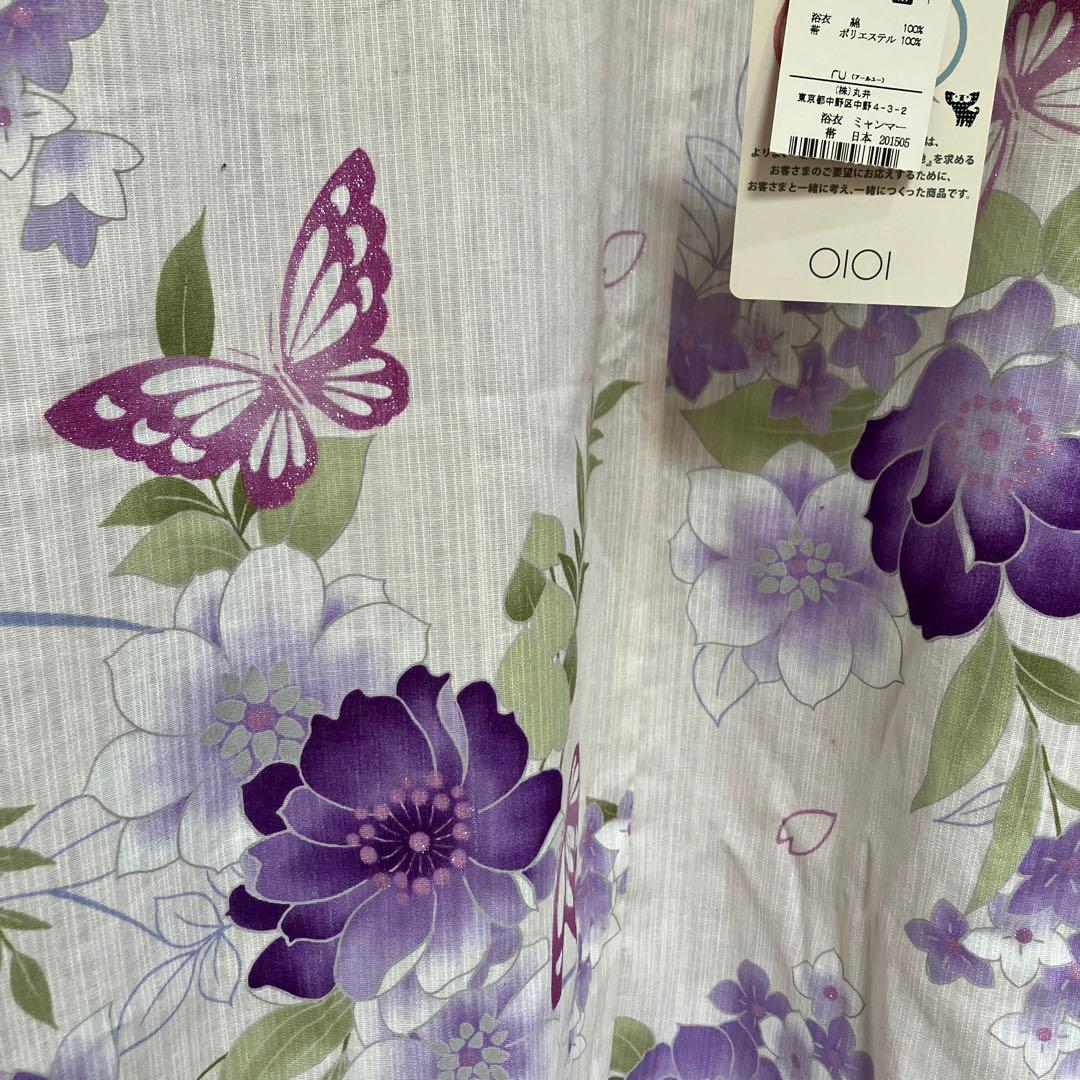 未使用　マルイ浴衣・帯.インナー3セット 肌映えの生成色に紫の蝶と花柄　Mサイズ