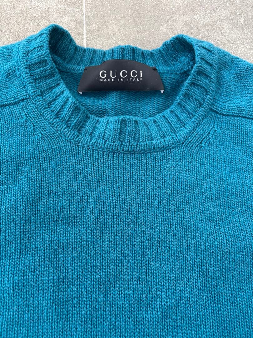 GUCCI ターコイズ クルーネックニット★レディースOK ★GGプレート付き