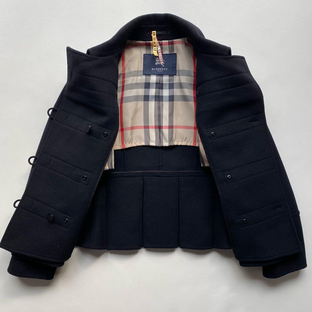 【美品/大きいサイズ44】バーバリー メガチェック ペプラム ダッフルコート 黒