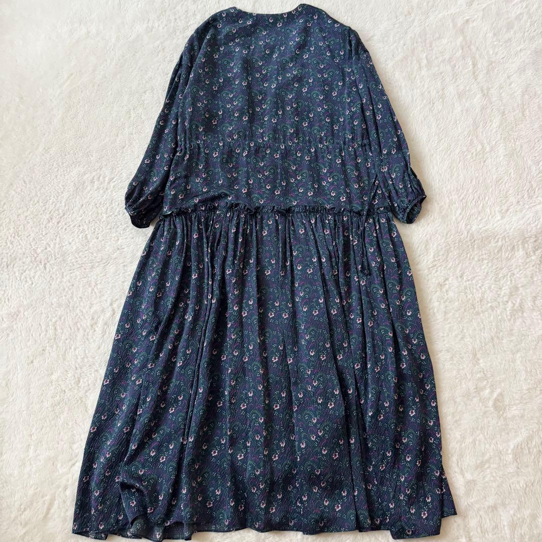 Drawer ドゥロワー シルク100% ロングワンピース 花柄　36 紺