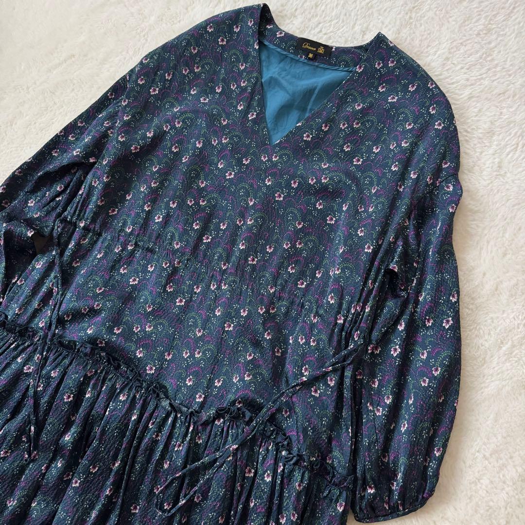 Drawer ドゥロワー シルク100% ロングワンピース 花柄　36 紺