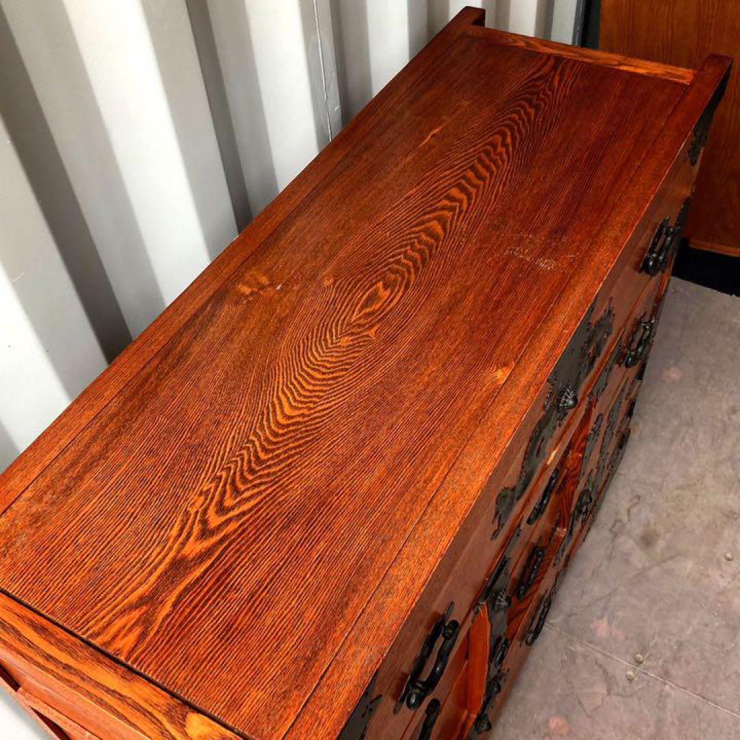 取付無料！民芸家具 楡(ニレ)材総無垢 和モダン アンティーク車箪笥 和ダンス✨