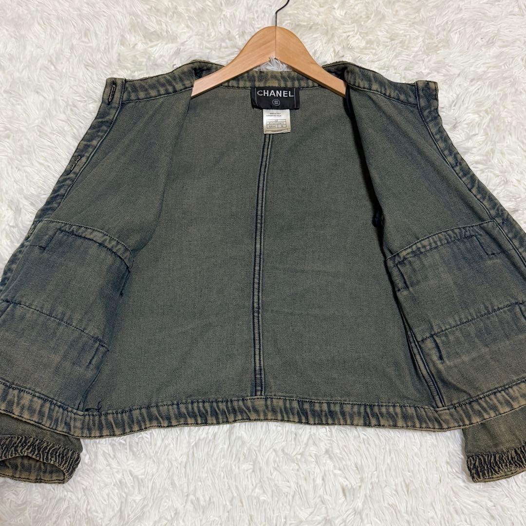 【極美品】シャネル　デニムジャケット　ノーカラー　ココボタン　ビンテージ加工　M