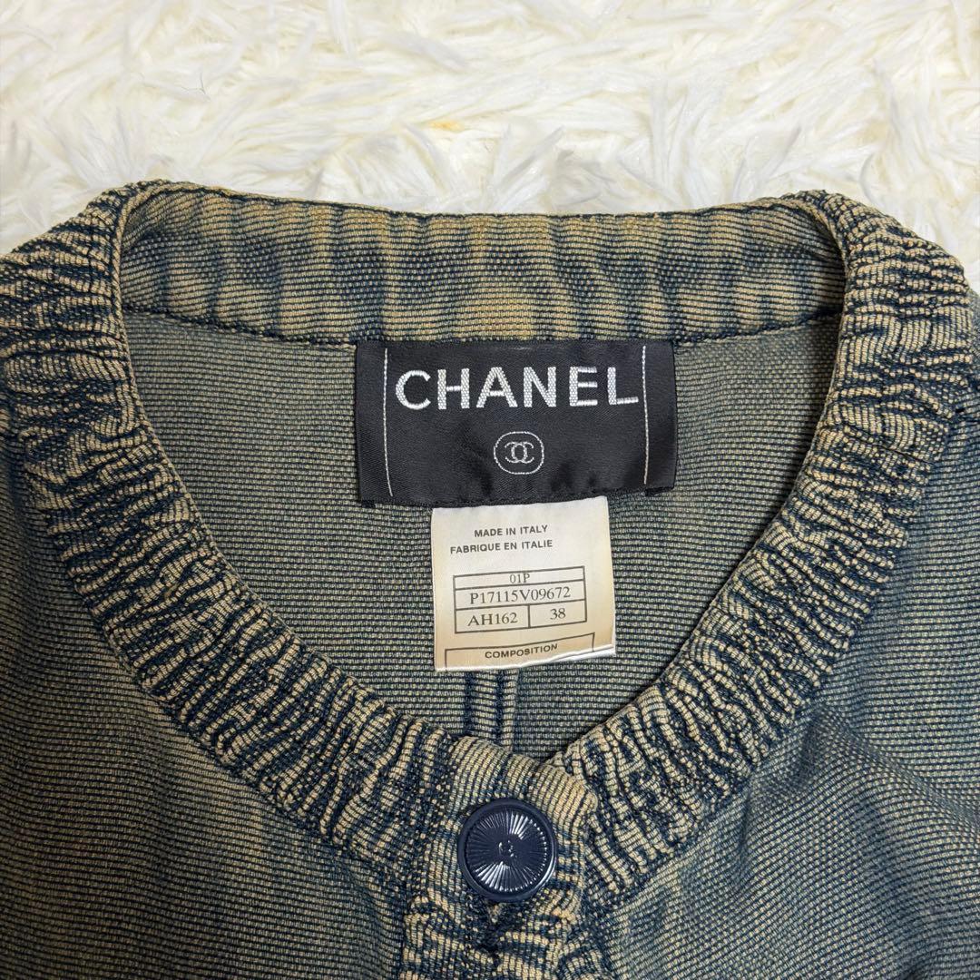 【極美品】シャネル　デニムジャケット　ノーカラー　ココボタン　ビンテージ加工　M