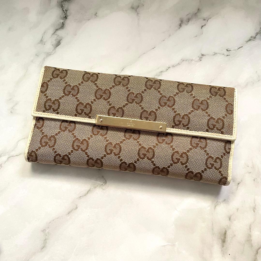 グッチ　長財布　GGキャンバス　ロゴプレート　Wホック　0111-①