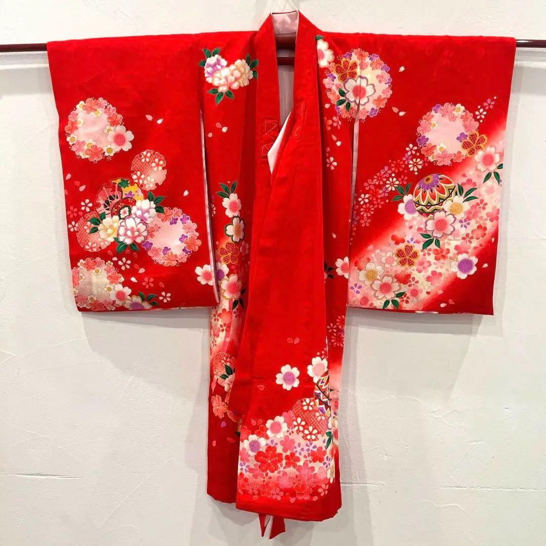 お宮参り　産着　祝着　女の子　襦袢付き 赤地に鞠と熨斗・桜吹雪　正絹