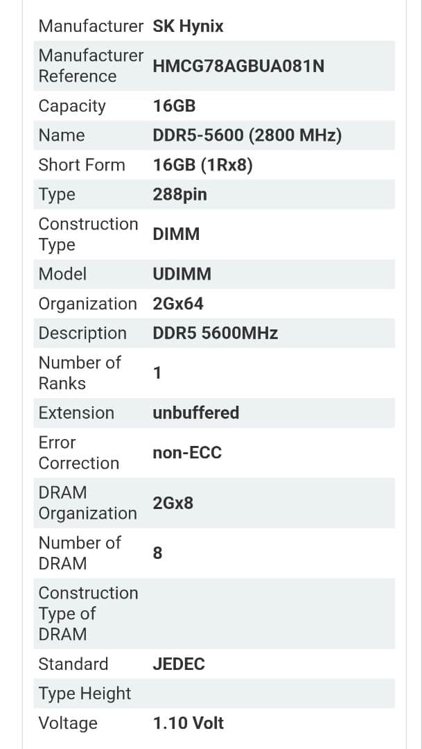 SK Hynix 16GB DDR5-5600 メモリ UDIMM 1枚　美品