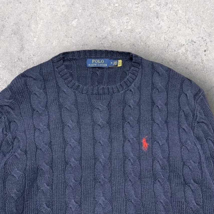 ポロラルフローレン コットン ケーブルニット セーター ネイビー M ポニー刺繍