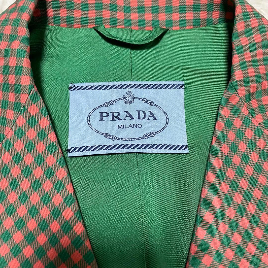 美品 PRADA プラダ テーラードジャケット チェック オレンジ グリーン