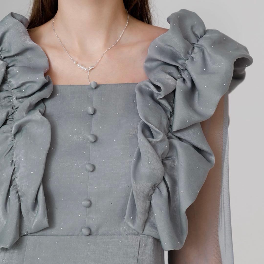 【LEJA】フリルショルダーストーンIラインドレスワンピース