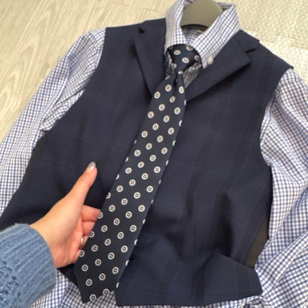 ワンダーファクトリー 140 男の子 スリーピース 5点 セットアップ紺チェック