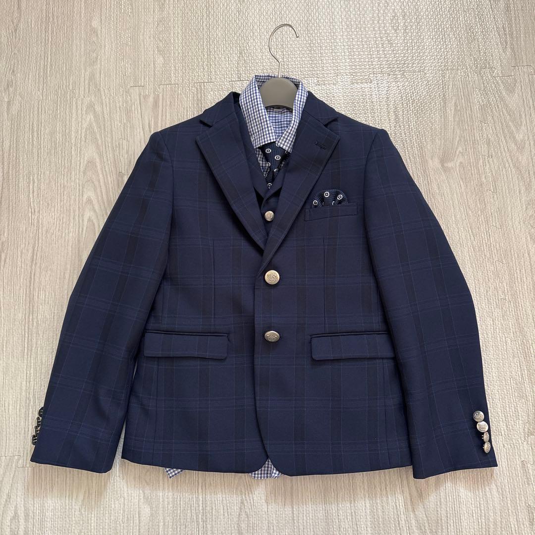 ワンダーファクトリー 140 男の子 スリーピース 5点 セットアップ紺チェック