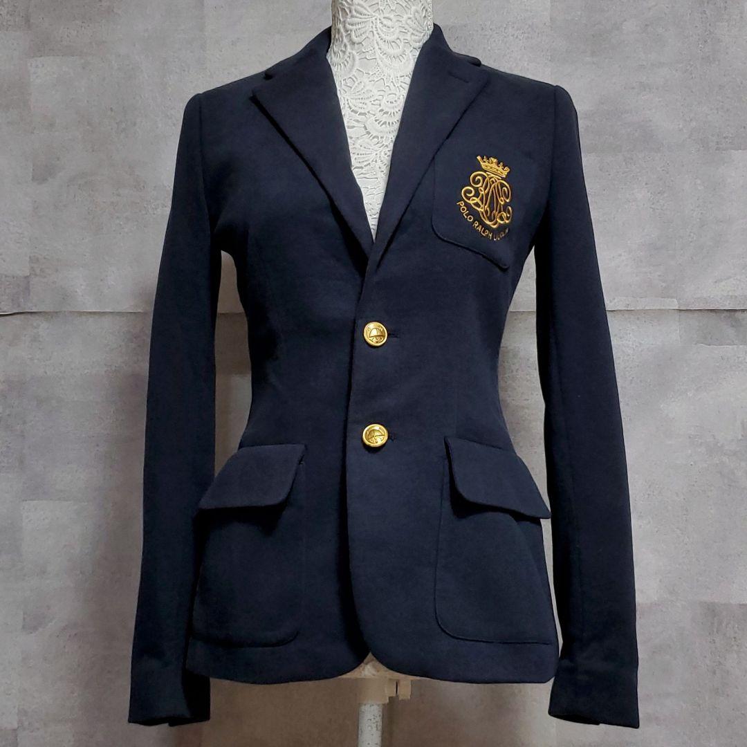 美品 M ポロラルフローレン エンブレム刺繍ワンポイント ブレザー 紺 金ボタン