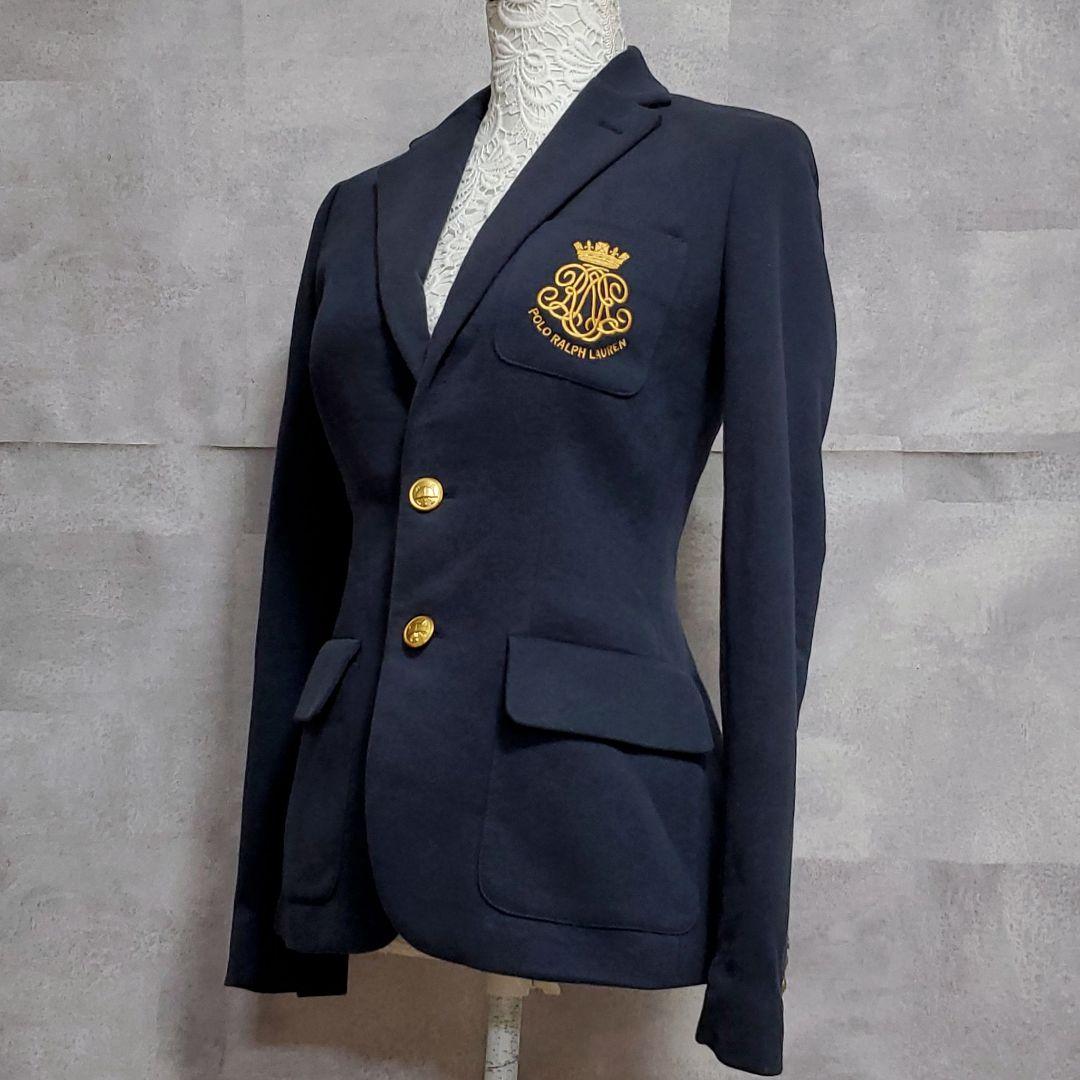 美品 M ポロラルフローレン エンブレム刺繍ワンポイント ブレザー 紺 金ボタン
