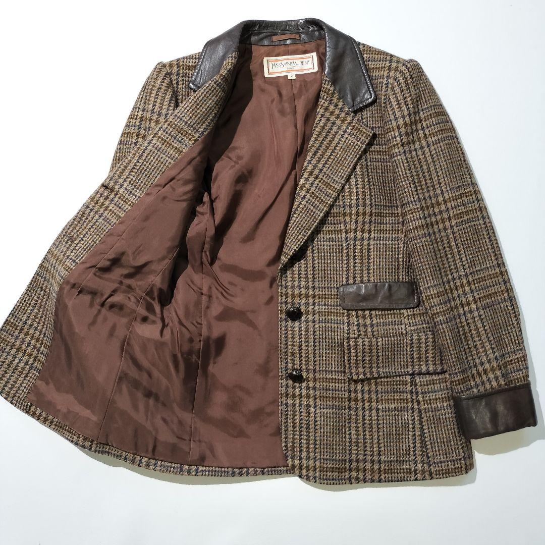 イヴサンローラン　ウール 牛革 ガンクラブチェック テーラードジャケット
