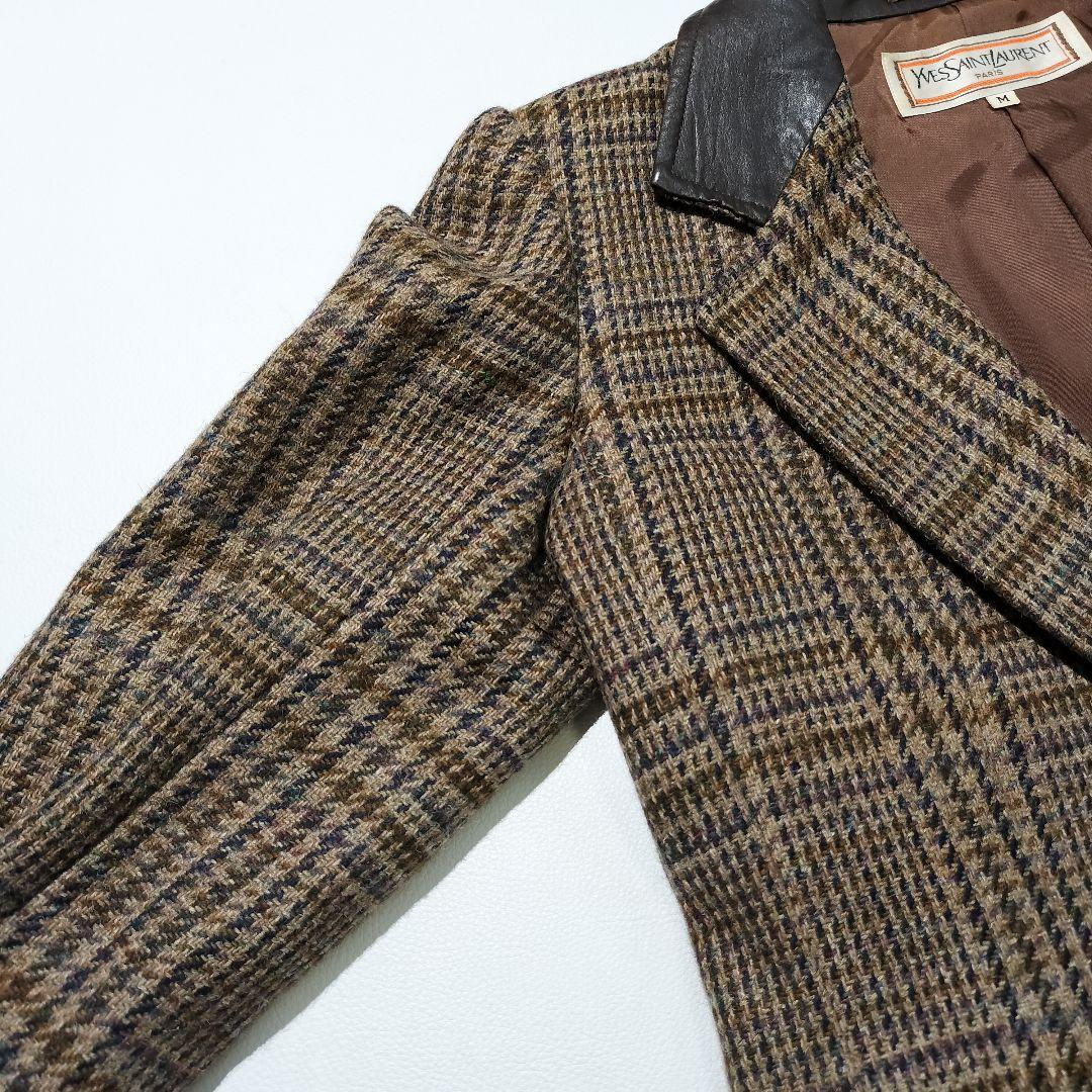 イヴサンローラン　ウール 牛革 ガンクラブチェック テーラードジャケット