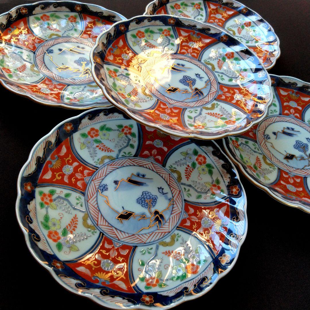 古伊万里 瀬兵窯 絢爛豪華 色絵 菊割 Ф20.2㎝ 銘々皿 5客揃 中皿 真作