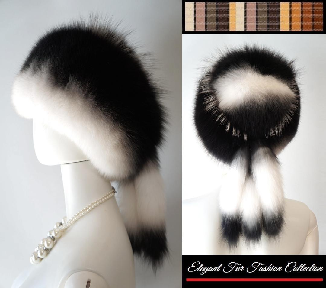 パリジェンヌのような優雅な帽子リアルフォックスファーハット白×黒新品本物毛皮帽子