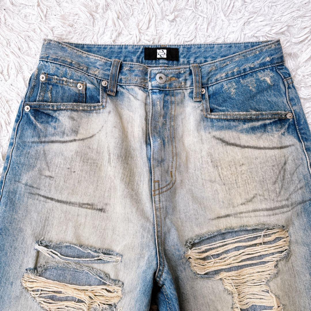 希少品　サンデーオフクラブ　ダメージ加工　フレア　ワイド デニムパンツ　サイズ1