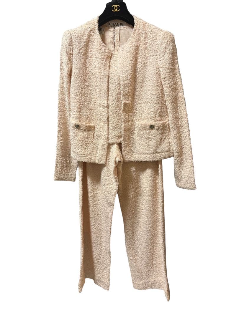 CHANEL 98P ヴィンテージ ピンク シルクパイル地 ノーカラージャケット