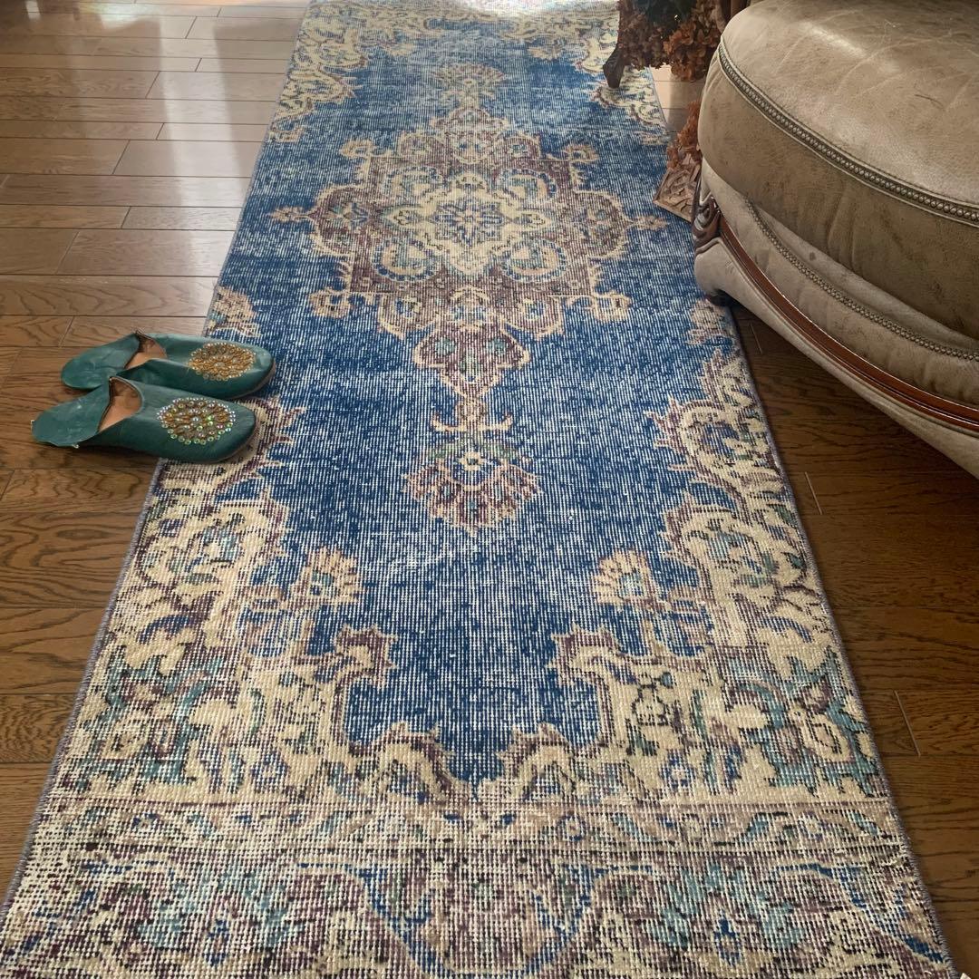 トルコヴィンテージラグ　ロングランナー　220×72.5 ネイビーブルー