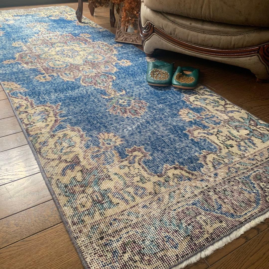 トルコヴィンテージラグ　ロングランナー　220×72.5 ネイビーブルー