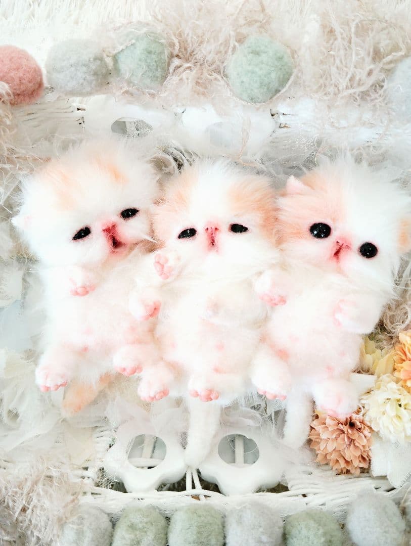 子猫ベビー♡三つ子ちゃん♡カゴセット♡アートドール♡ぬいぐるみ♡