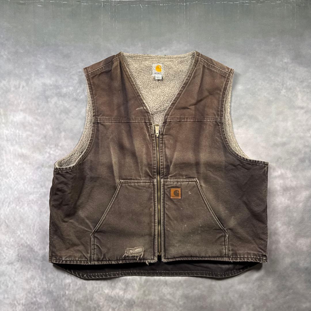 Carhartt古着00sダック地ボアベストV26DKBブラウンフェード T03