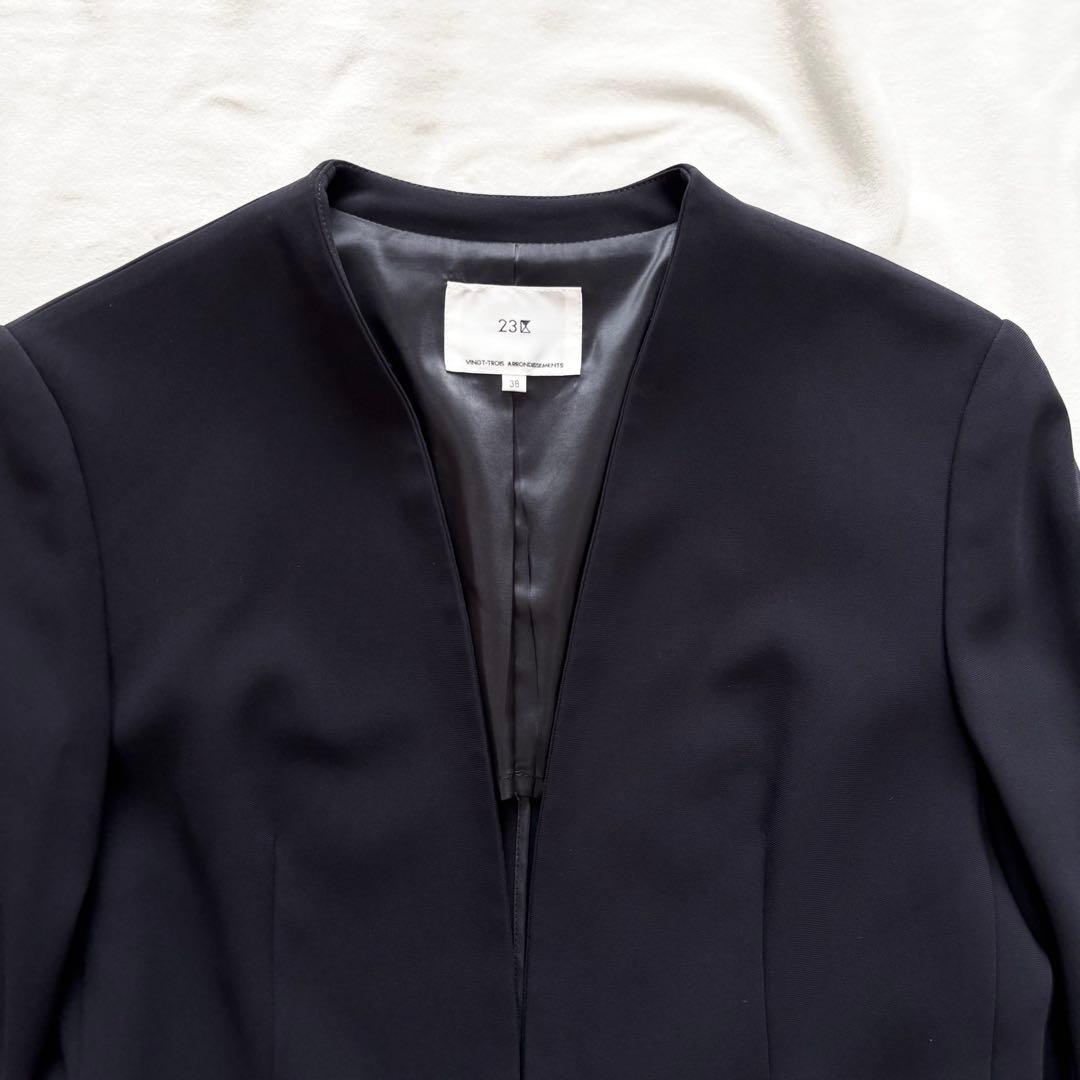 極美品☆23区 トリアセダブルジョーゼット　Vネック ジャケット　ノーカラー　M