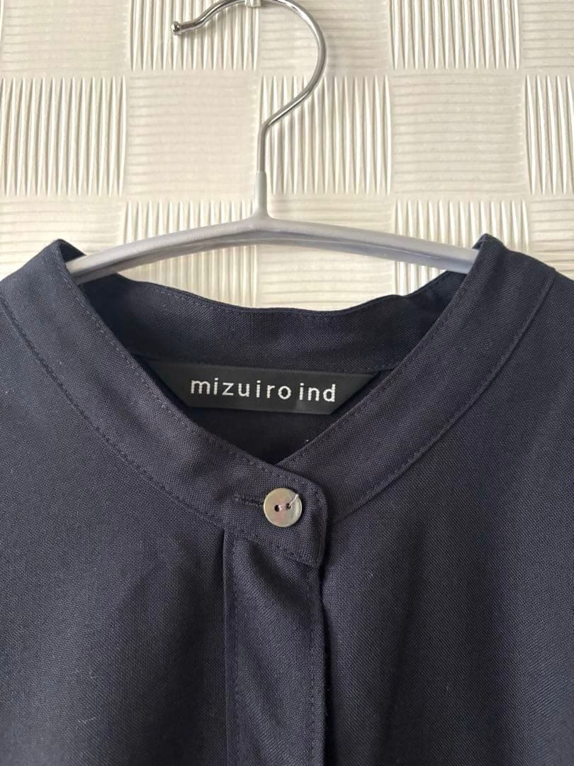 ミズイロインド　バンドカラーウール混ワンピース　ネイビー　美品　再お値下げ