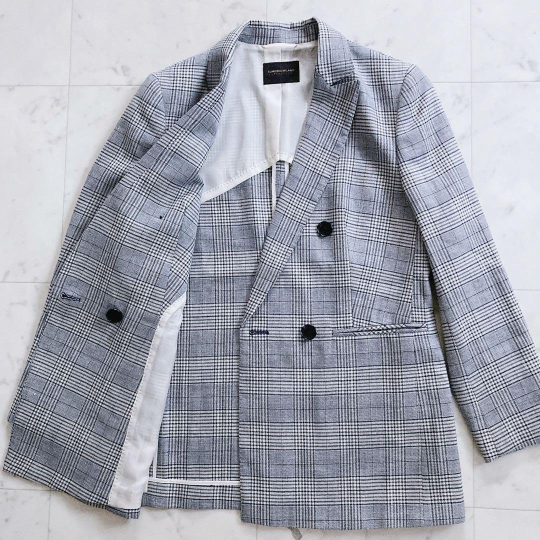 極美品　トゥモローランド　ブルーウィンドウペーン ダブルブレストジャケット