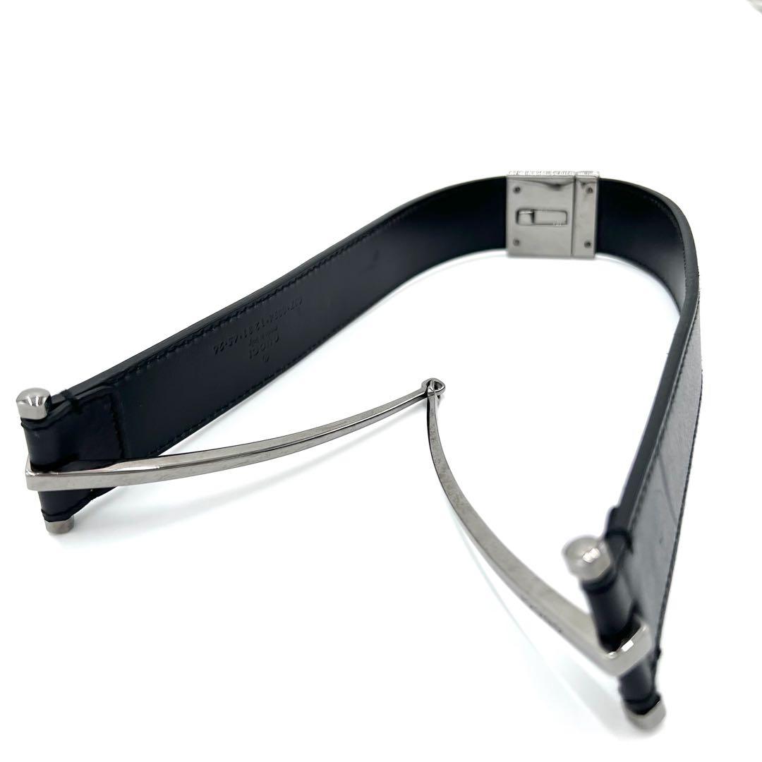 【美品】GUCCI　ベルト　ホースビット　シルバー金具　レザー　ロゴ　ブラック