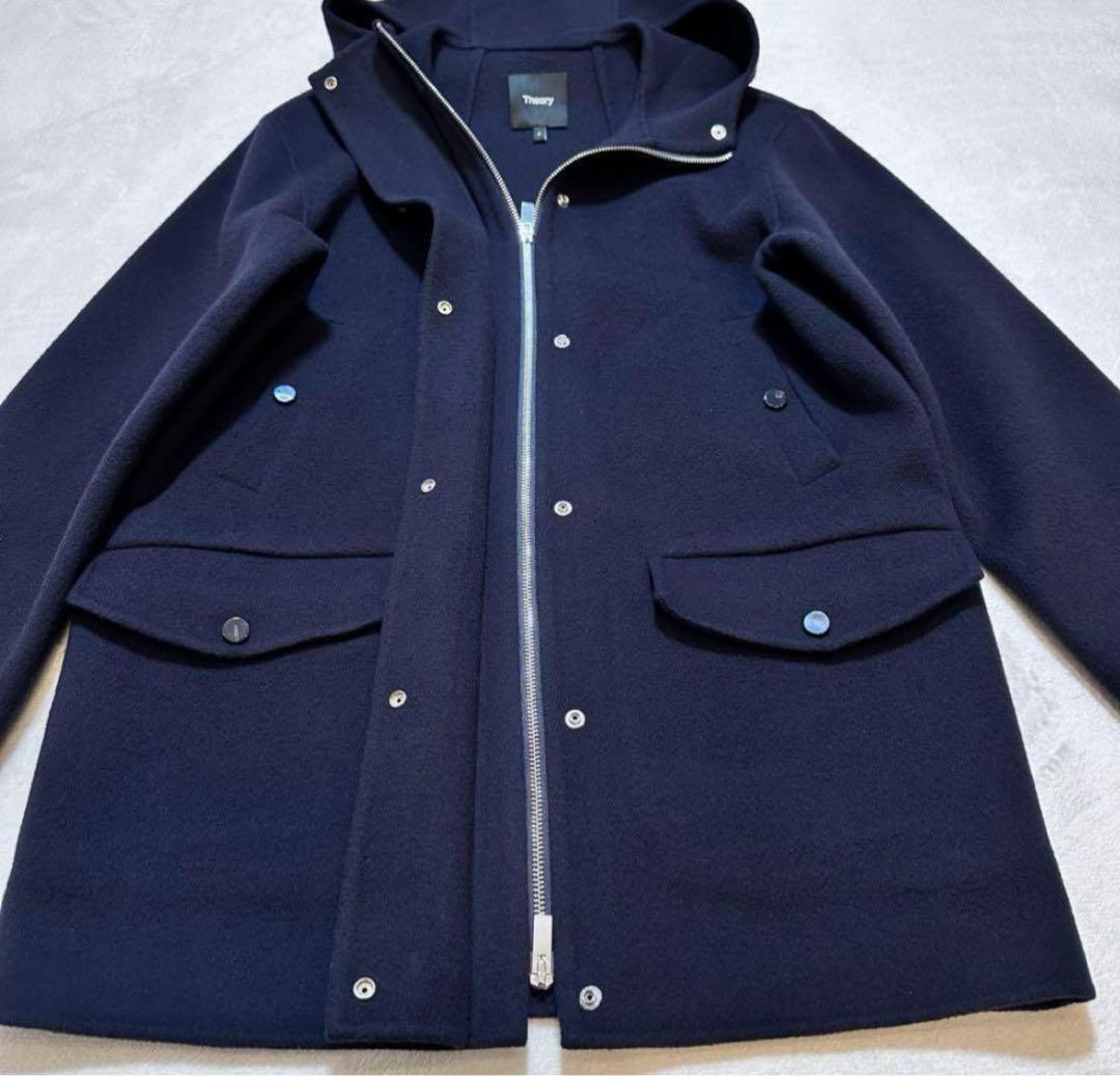 23AW✨セオリー ウールカシミヤ フーデッドコート ダブルフェイス 紺 P