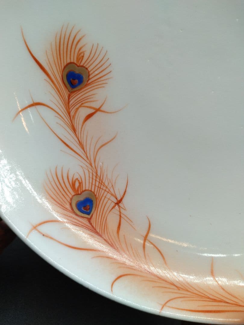 カ*み様 源六焼 赤絵 金彩 孔雀文 六寸皿 五枚 明治末~大正期 源六製 古伊