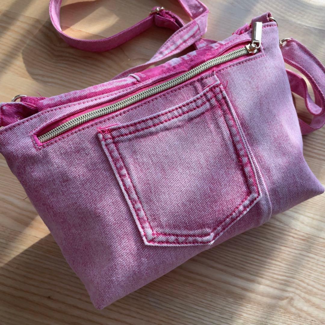 デニムリメイク ピンク フリル ショルダー