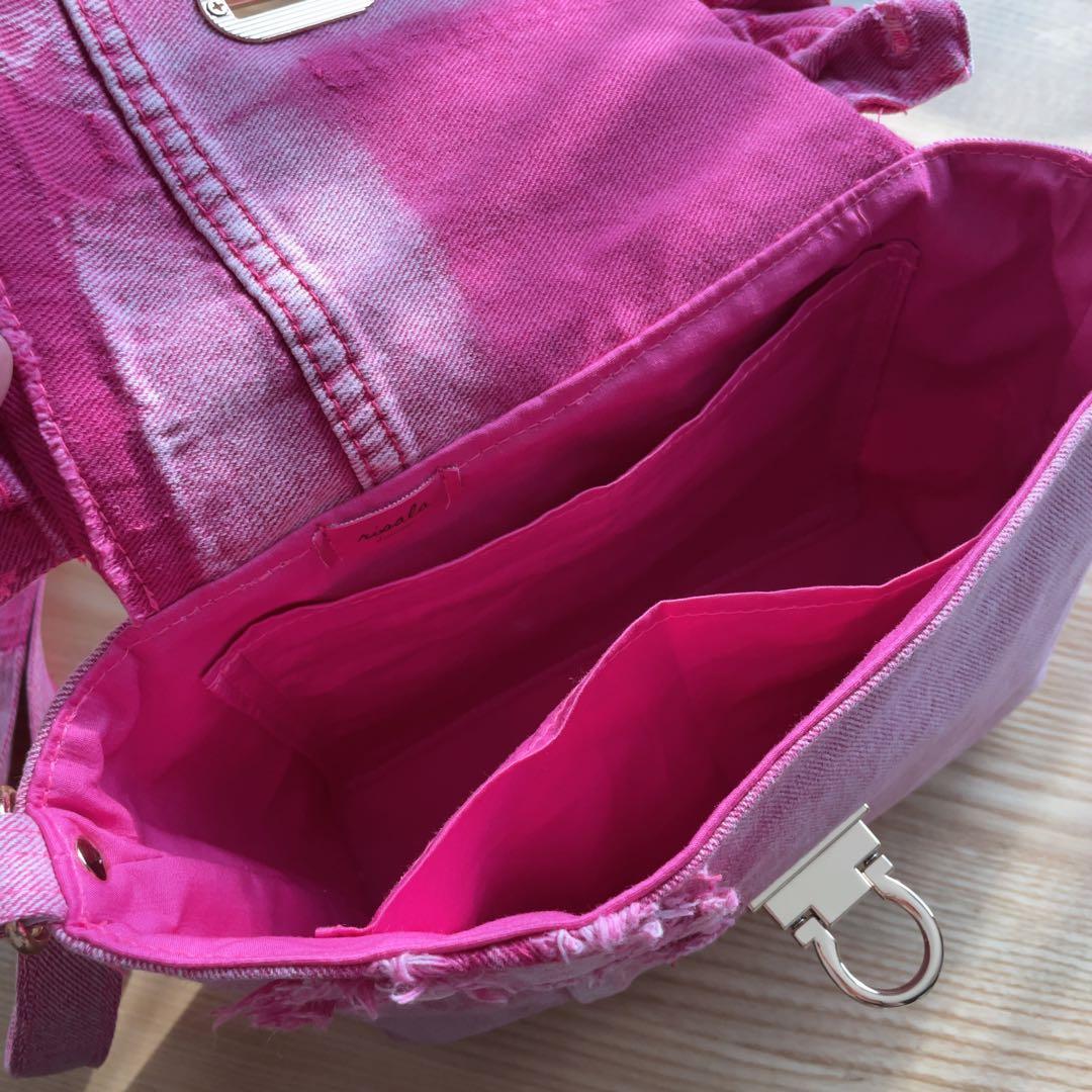 デニムリメイク ピンク フリル ショルダー