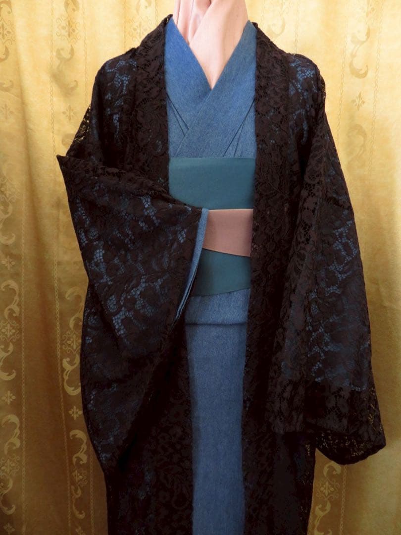カ*マ様 お値下げしました。日本製レースが美しい黒の長羽織　オートクチュールデザ
