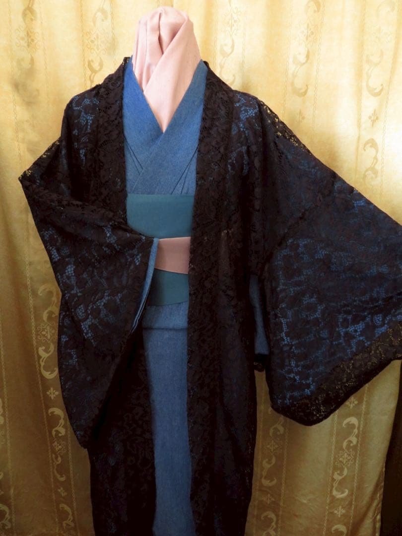 カ*マ様 お値下げしました。日本製レースが美しい黒の長羽織　オートクチュールデザ