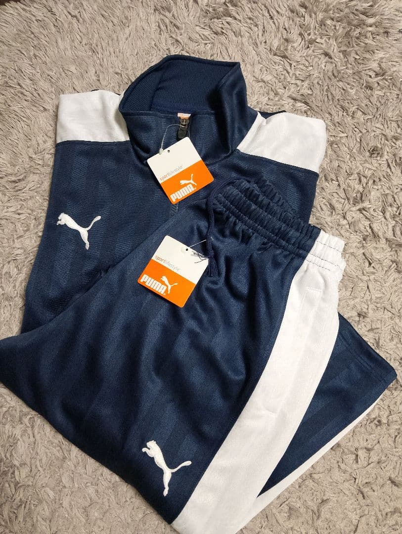 新品PUMAトラックジャケットパンツジャージ刺繍ロゴ 紺✕白Ｌ〜O日本製