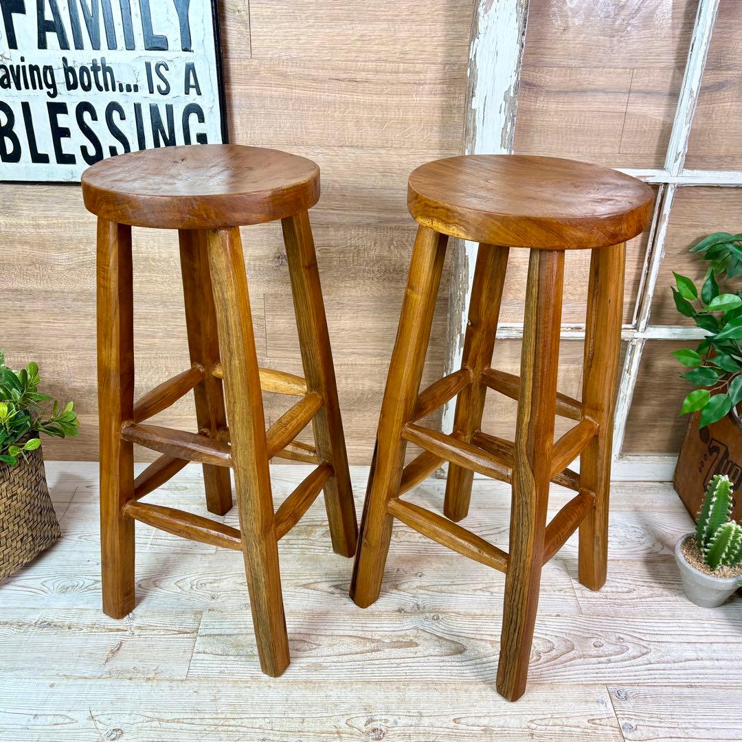 てら⭐︎オールドチーク天然無垢材丸ハイスツールカウンターチェア二点セット