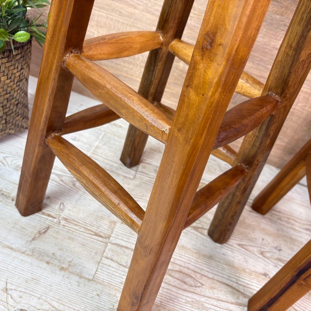 てら⭐︎オールドチーク天然無垢材丸ハイスツールカウンターチェア二点セット