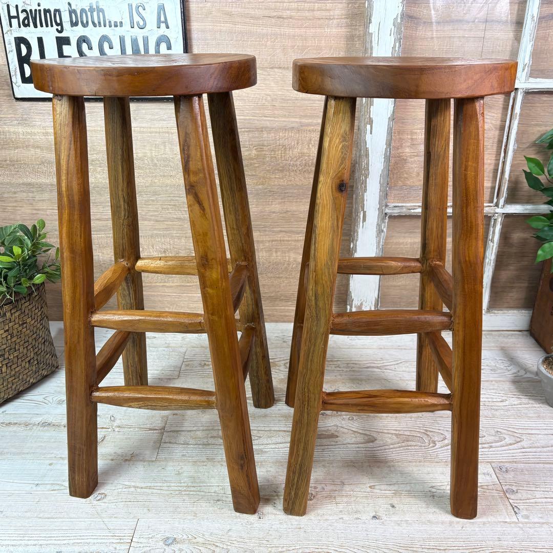 てら⭐︎オールドチーク天然無垢材丸ハイスツールカウンターチェア二点セット