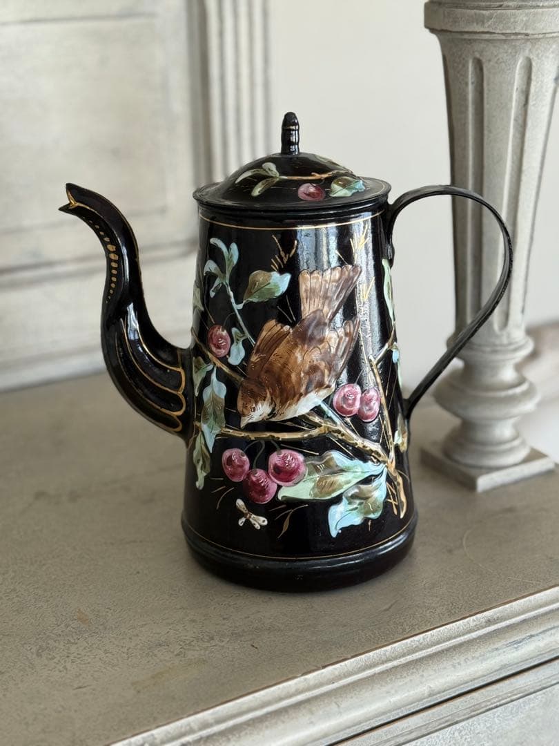 激レアフランスアンティークホーロー黒小鳥とベリー柄バンドペイントのコーヒーポット