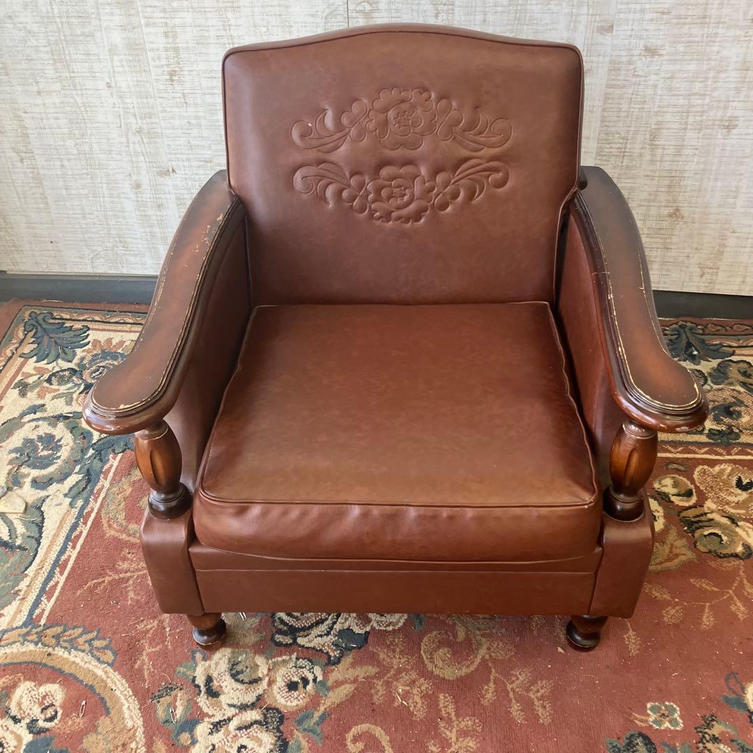 昭和レトロ オールドカリモク 古家具 一人掛けレザーソファー アームチェア 装飾