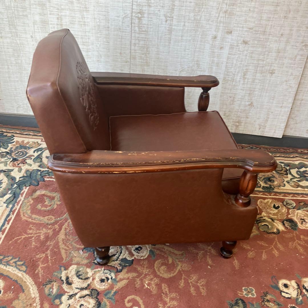 昭和レトロ オールドカリモク 古家具 一人掛けレザーソファー アームチェア 装飾