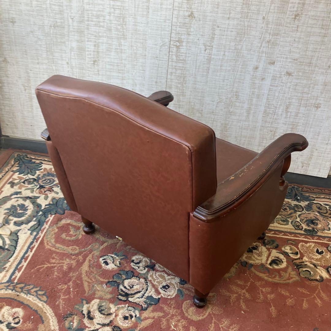 昭和レトロ オールドカリモク 古家具 一人掛けレザーソファー アームチェア 装飾
